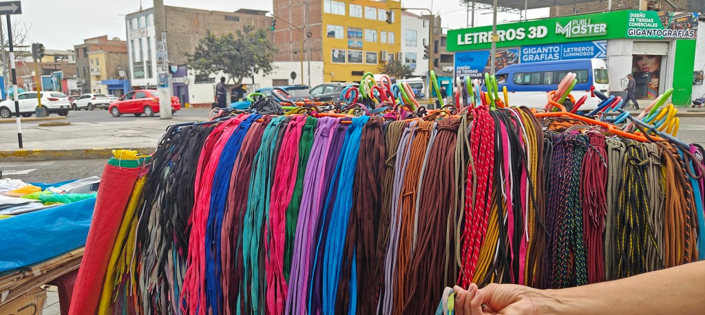 Shoe lace cart outside of El Provina footwear district in Trujillo
