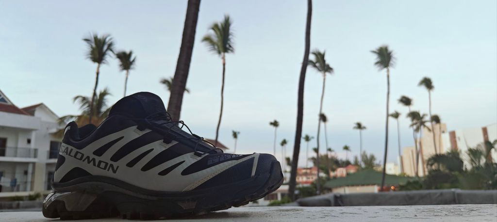 Footpatrol Salomon XT-4 with palm trees and blue skies in the backdrop