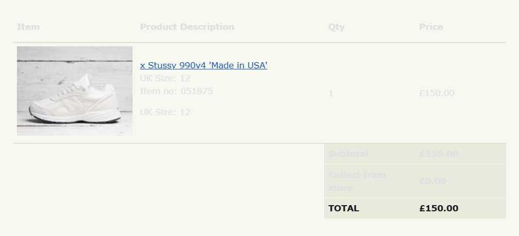 order email for the Stussy x NB 990v4 from Footpatrol from 2017