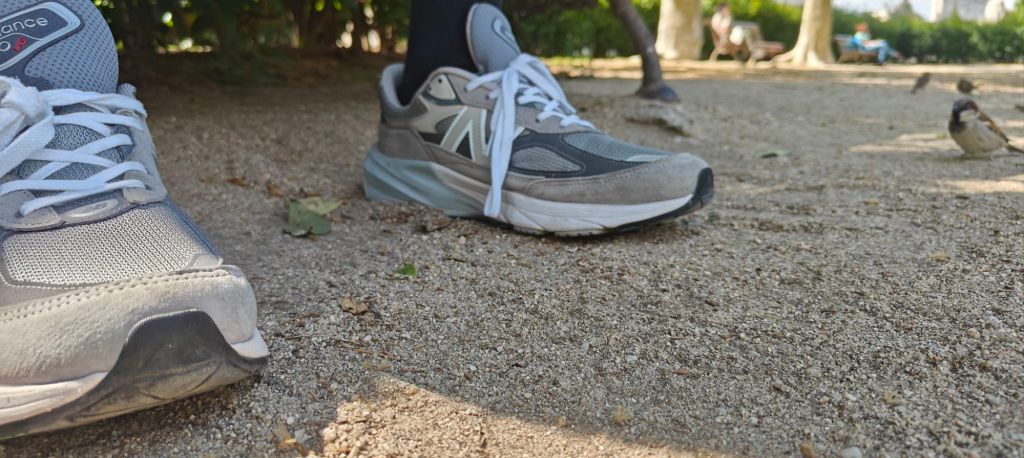 new balance 990v6 low ground shot with bird in the background madrid gardens